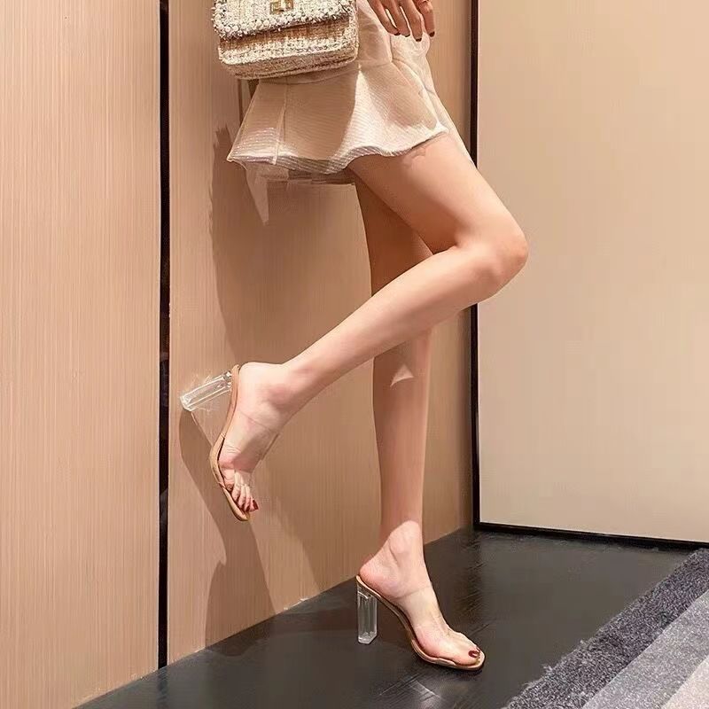 高跟拖鞋女透明2023新款夏季一字拖中跟水晶鞋網紅外穿粗跟涼鞋女