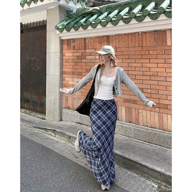 法式復古格紋半身裙女秋季2023新款高腰顯瘦百搭氣質包臀中長裙潮