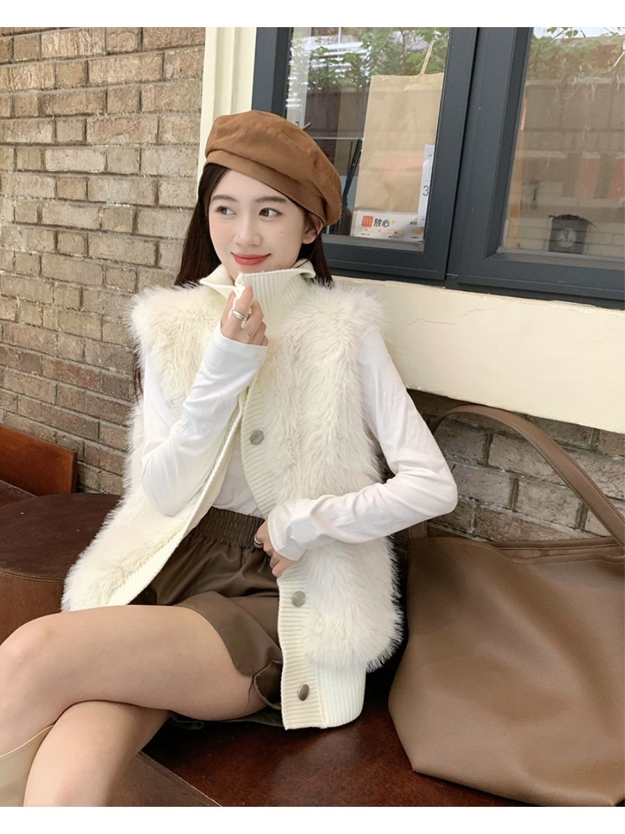2023 Autumn and Winter New Warm Korean Style Plush Vest Jacket Loose Stand Collar Knitted Splicing Vest Women’s Versatile