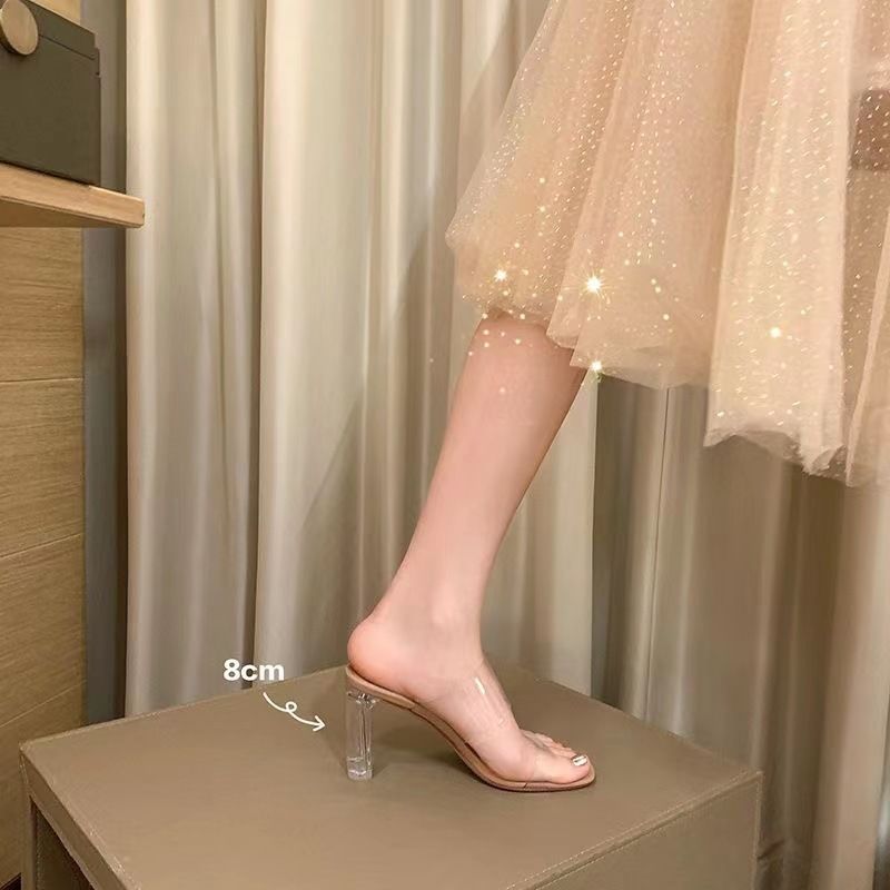 涼鞋年新款夏季透明女中跟粗跟水晶高跟仙女風一字帶拖大碼41-42