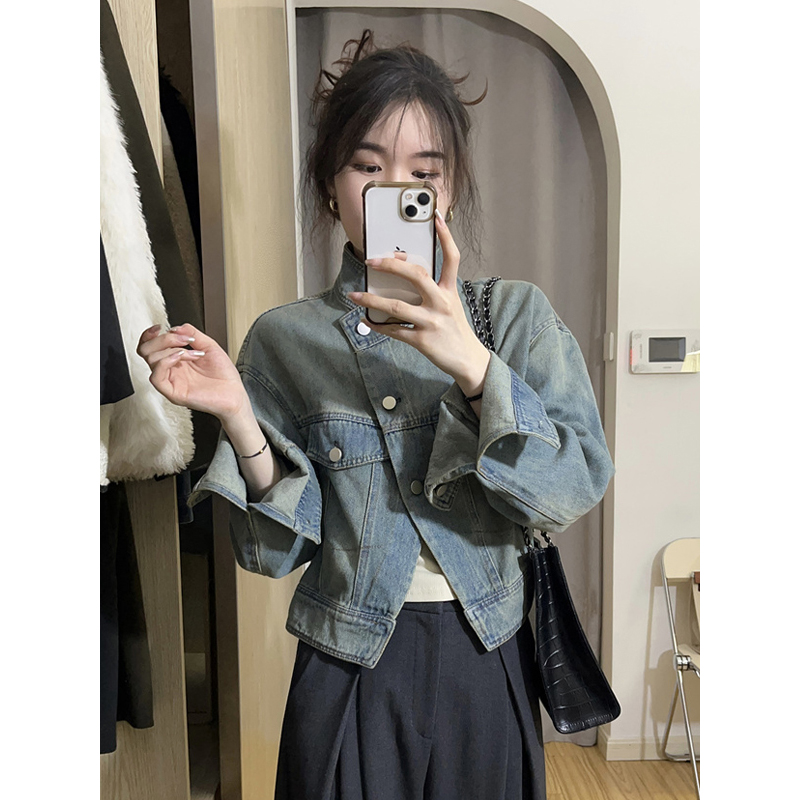 復古做舊半高領牛仔外套女小個子春秋設計感寬鬆短款休閒夾克上衣