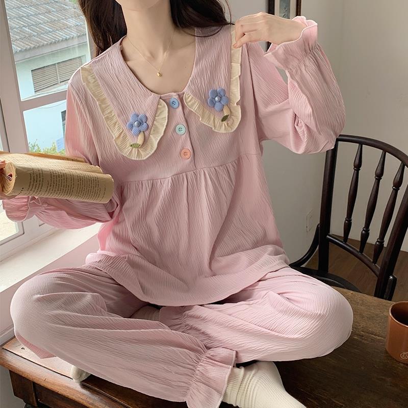 娃娃領花朵睡衣女春秋季長袖梭織棉2023新款可愛公主風家居服套裝