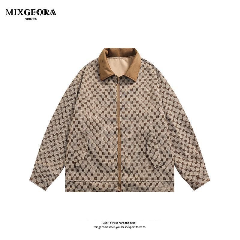 MIX GEORA美式复古两面穿外套男小众设计感潮流宽松格子情侣夹克