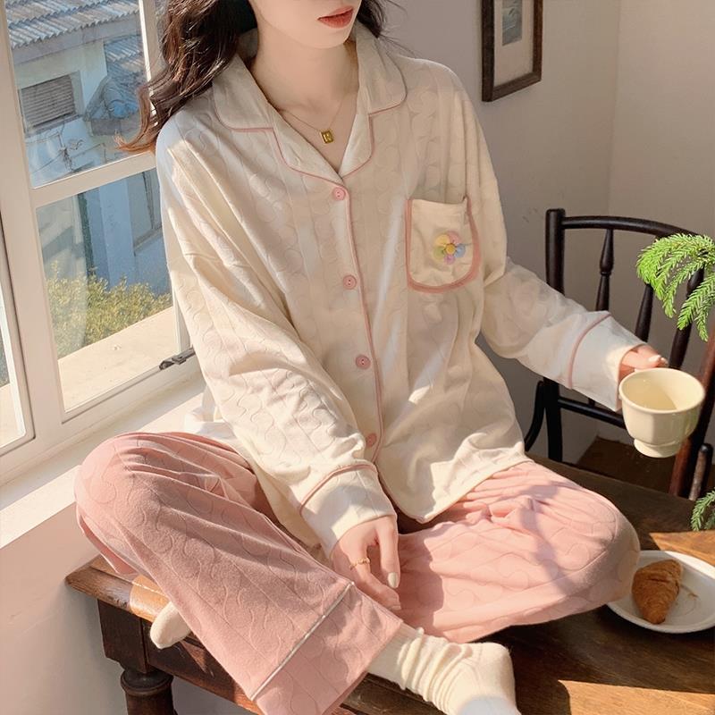 高級感睡衣女春秋款長袖開衫套裝網紅風可愛甜美休閒家居服可外穿