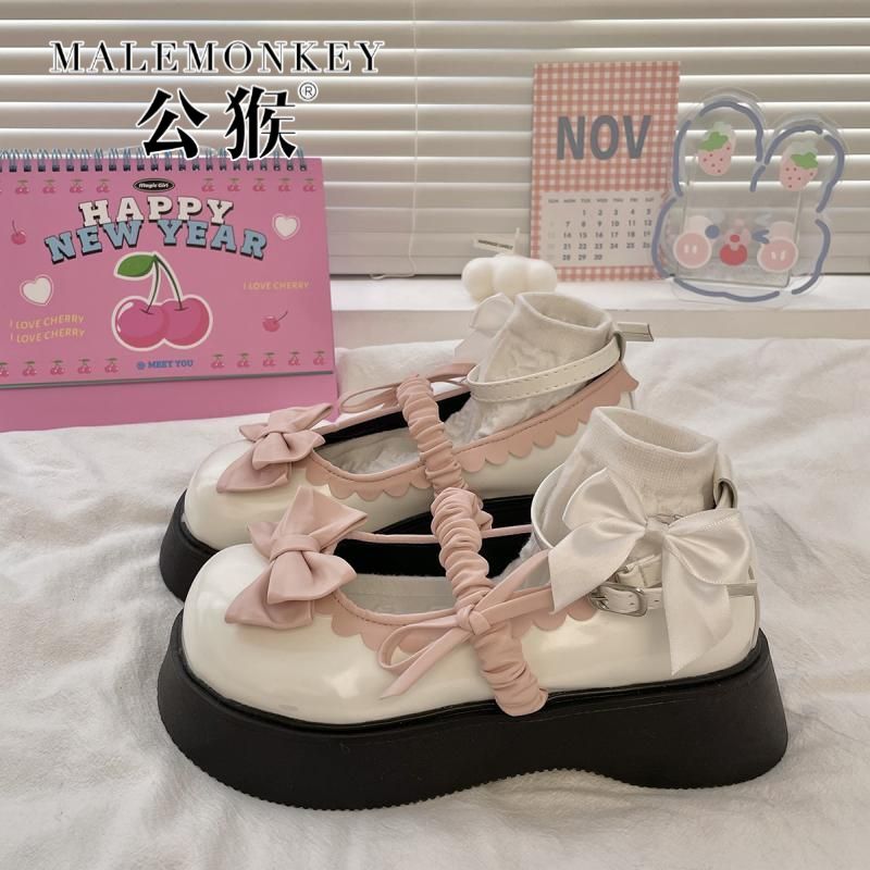公猴小個子甜美蝴蝶結松糕鞋女2023春季瑪麗珍配裙子jk小皮鞋單鞋