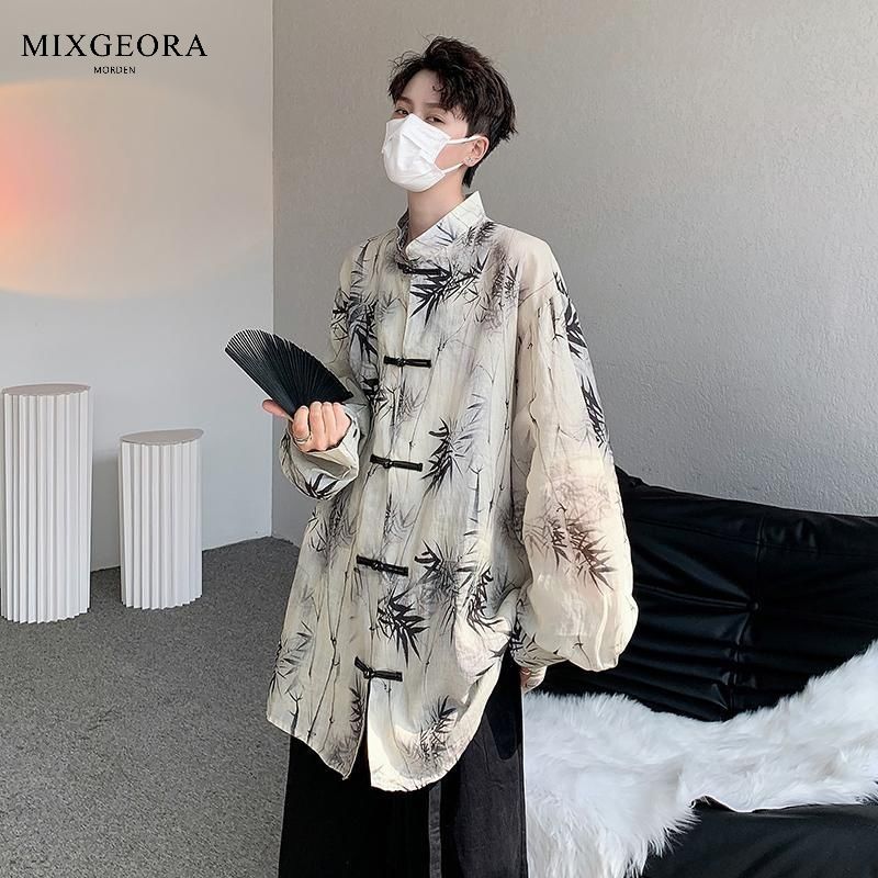 MIX GEORA new Chinese style plate button stand collar shirt men's long sleeve summer ice silk thin Chinese style Tang suit shirt