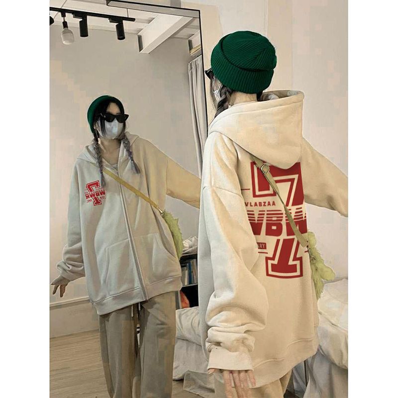 100%重磅純棉美式hiphop高街拉鏈字母衛衣女寬鬆2023春秋薄款外套