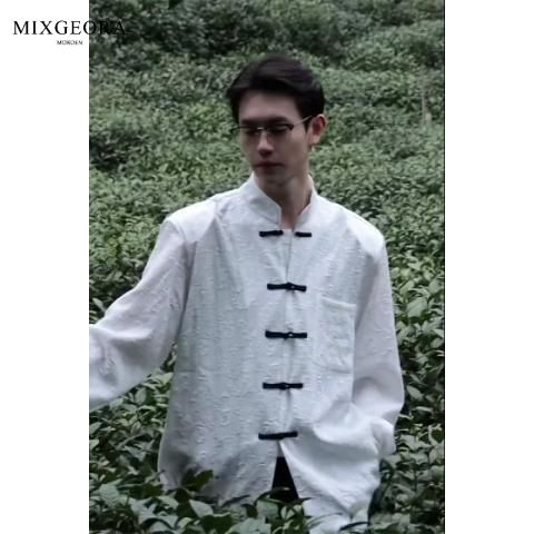 MIX GEORA新中式男装中国风盘扣花衬衫夏季民国男装中山现代唐装