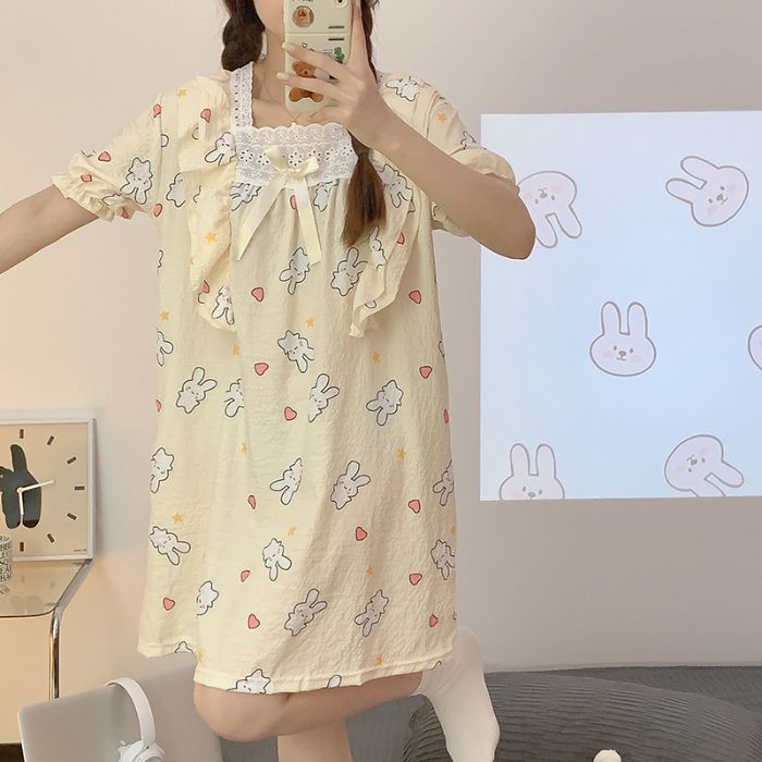 夏季睡裙女短裙韓版甜美公主風梭織泡泡縐棉睡裙家居服ins