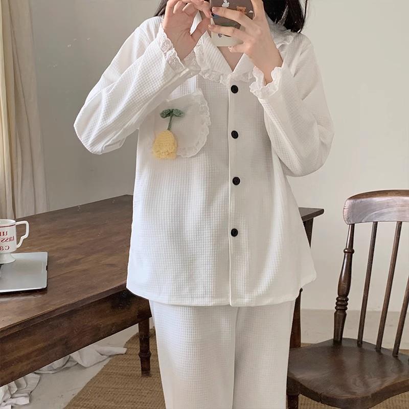 ins韓系甜美花朵華夫格睡衣女春秋長袖新款網紅風開衫套裝家居服