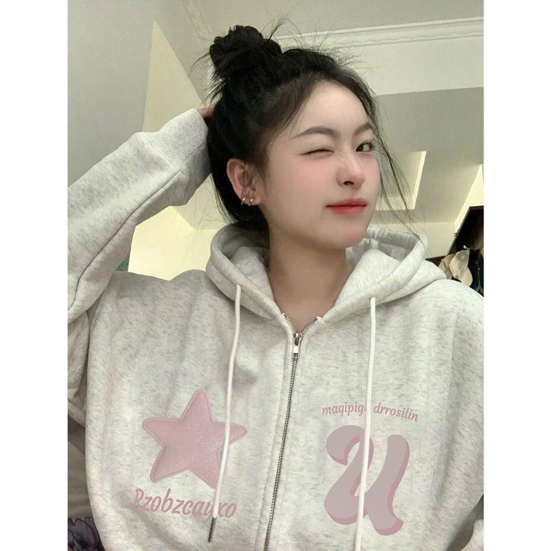 100%重磅純棉百搭休閒寬鬆連帽衛衣女開衫2023春秋薄款慵懶風外套