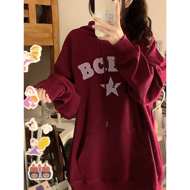 100%重磅純棉oversize美式復古酒紅色連帽衛衣女2023春秋薄款外套