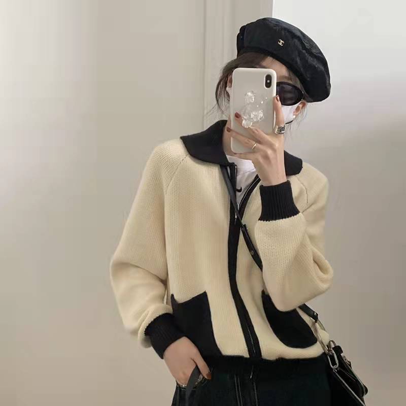 秋冬復古翻領拉鏈毛衣外套女設計感小眾雙口袋減齡加厚針織開衫