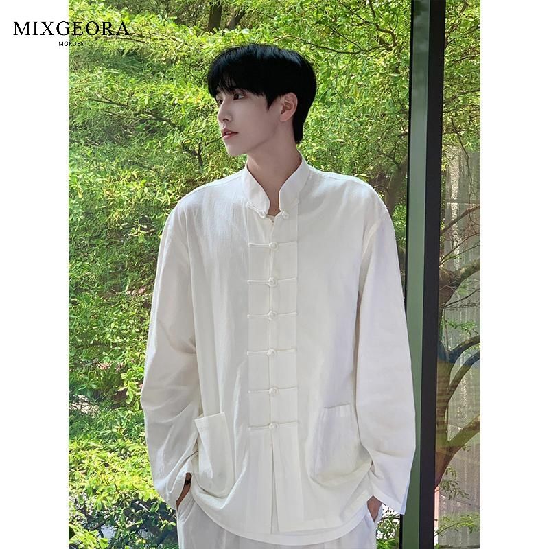 MIX GEORA new Chinese style men's national style shirt men's Tang suit stand collar shirt long sleeve buttoned antique style shirt