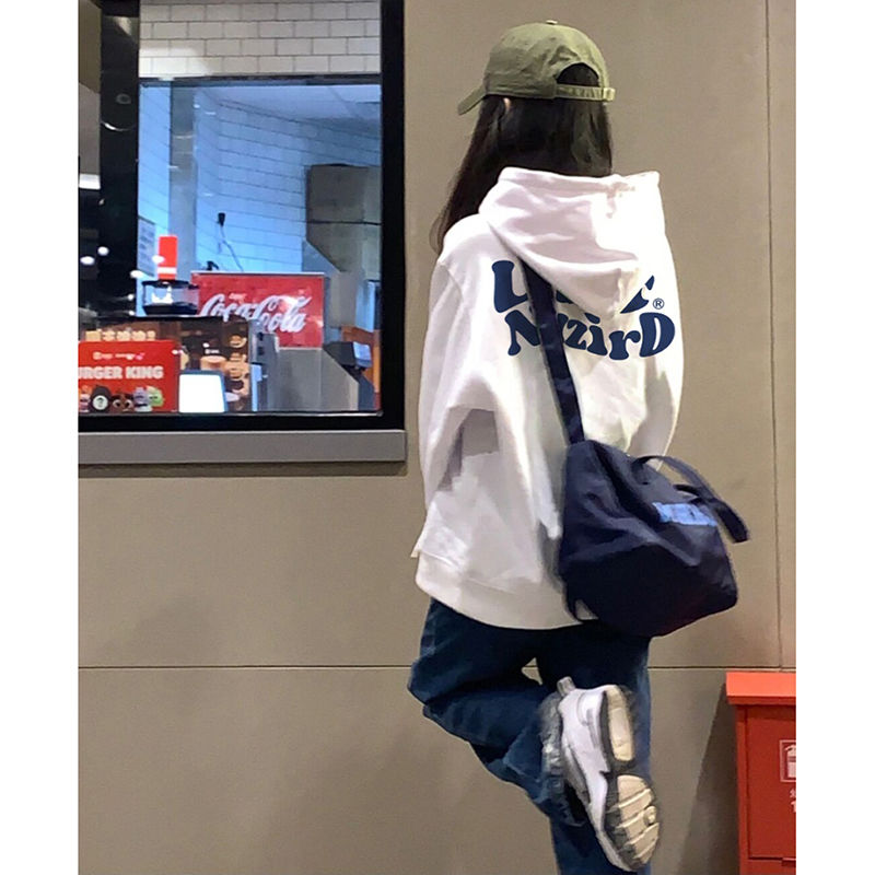 100%重磅純棉潮牌小眾印花衛衣女小個子2023春秋薄款寬鬆連帽上衣