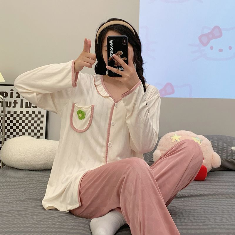 睡衣女春秋季長袖長褲套裝M-XXL兩色新款簡約少女甜美可愛家居服