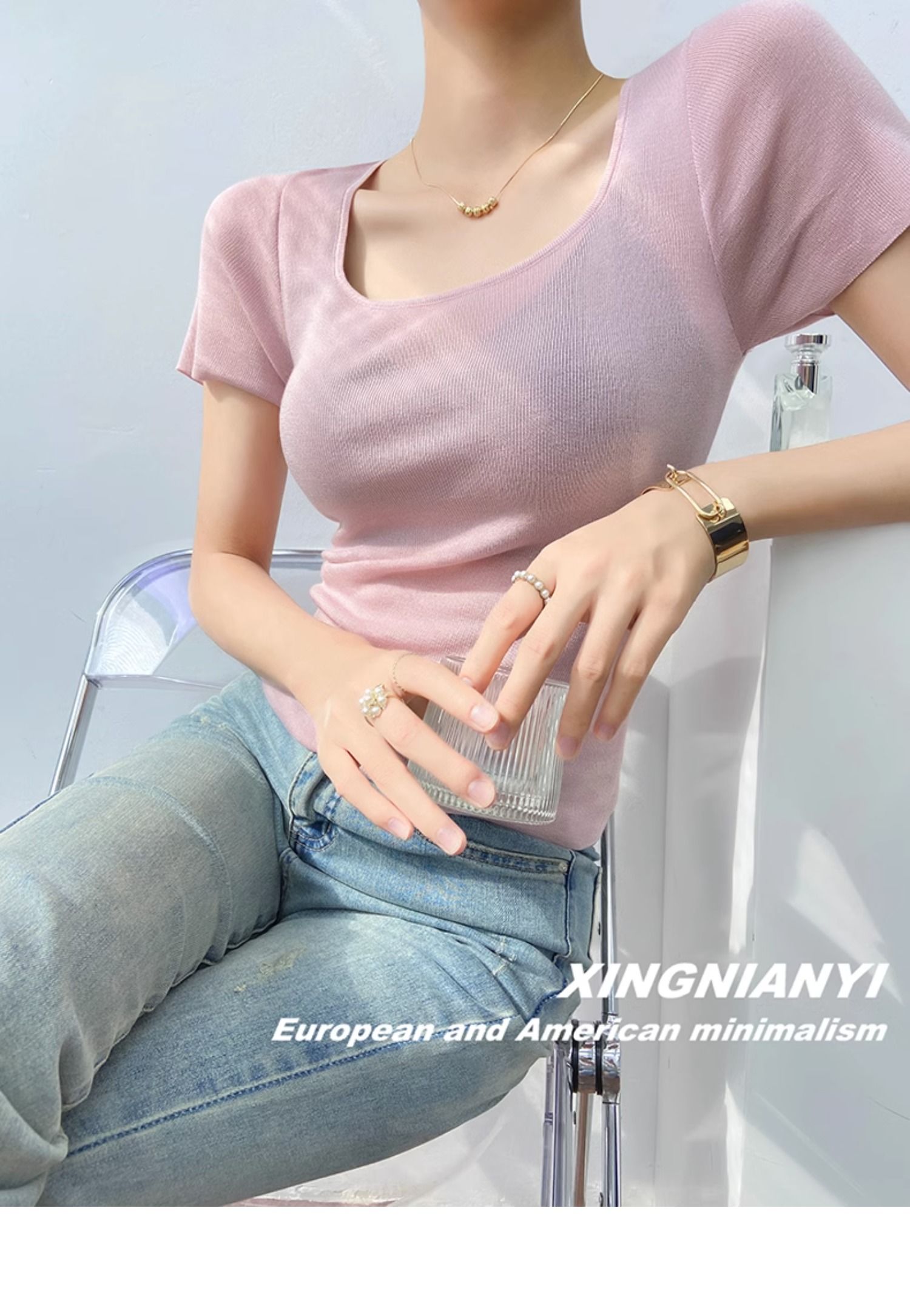 u Collar short sleeve T-shirt female summer fashion Foreign style French perspective sexy temperament tops Advanced sense Thin money Sweater
