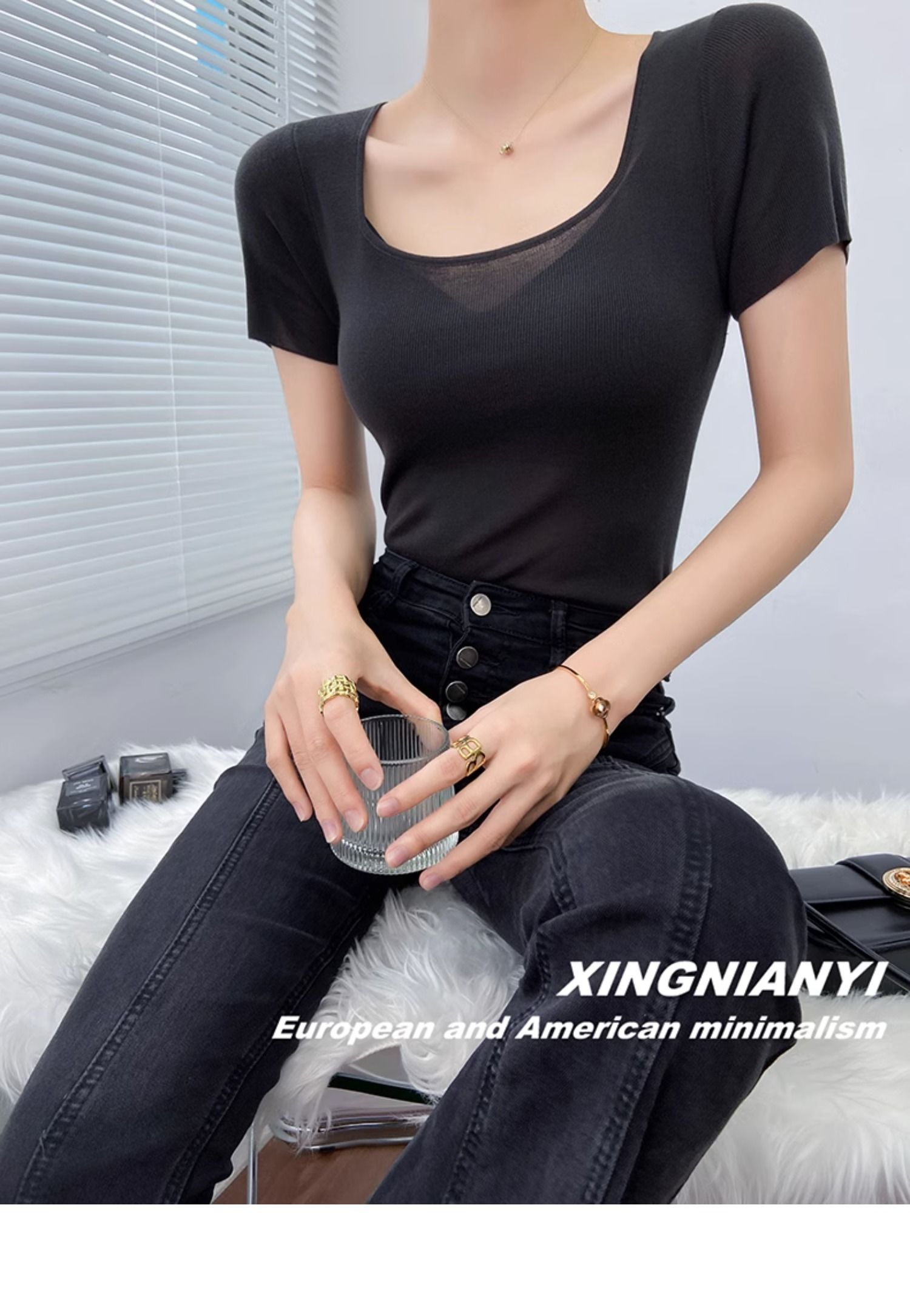u Collar short sleeve T-shirt female summer fashion Foreign style French perspective sexy temperament tops Advanced sense Thin money Sweater