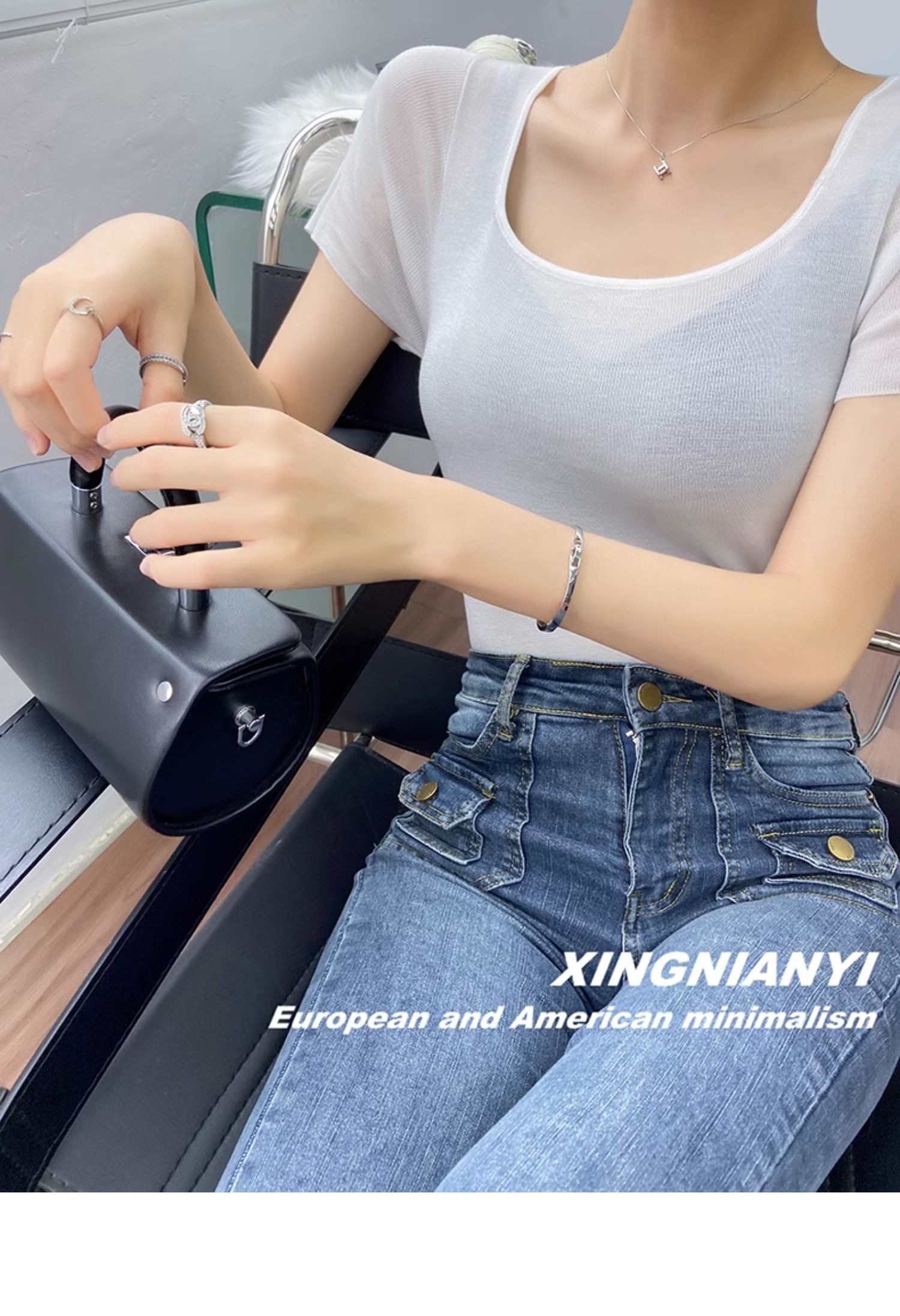 u Collar short sleeve T-shirt female summer fashion Foreign style French perspective sexy temperament tops Advanced sense Thin money Sweater