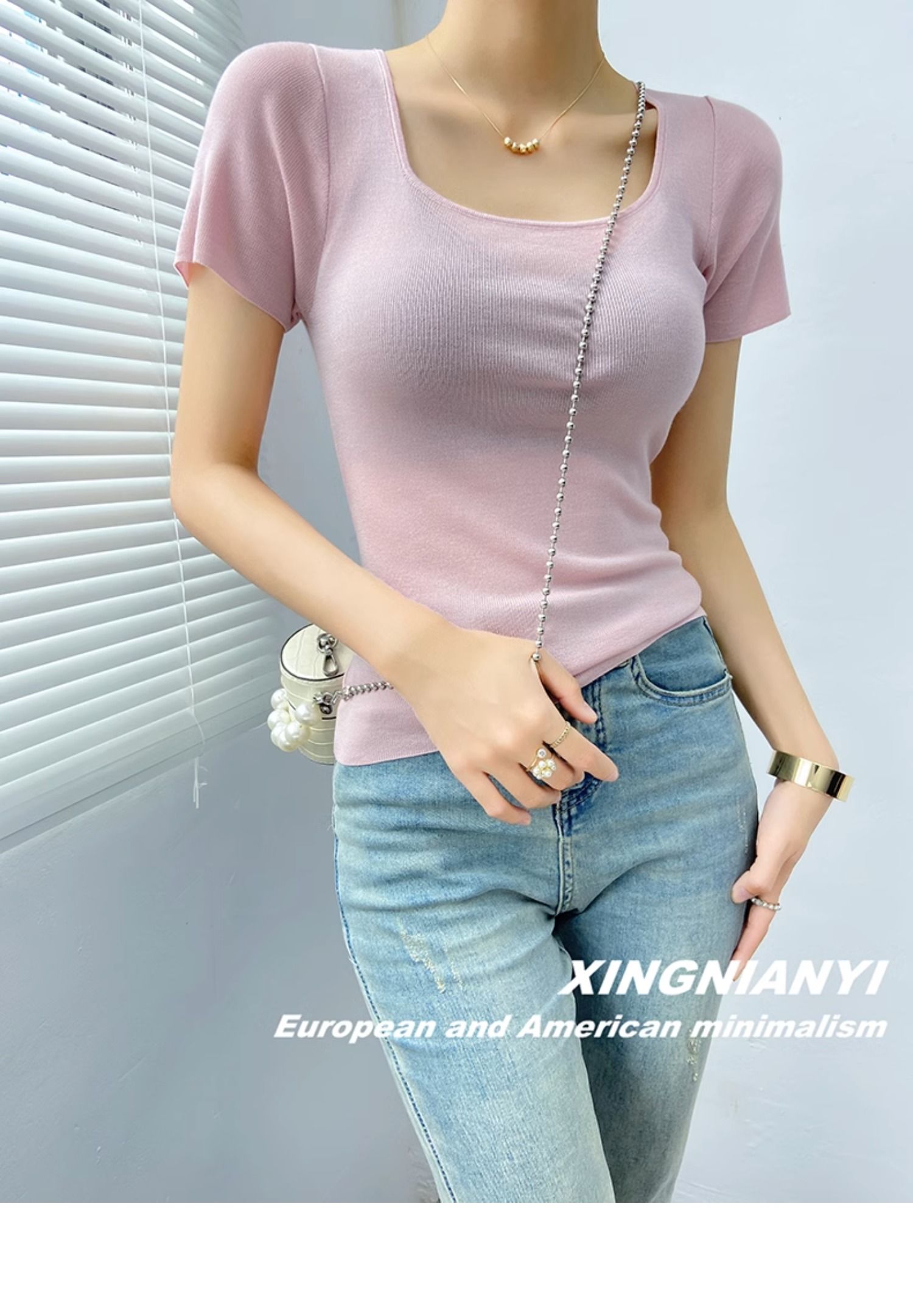 u Collar short sleeve T-shirt female summer fashion Foreign style French perspective sexy temperament tops Advanced sense Thin money Sweater