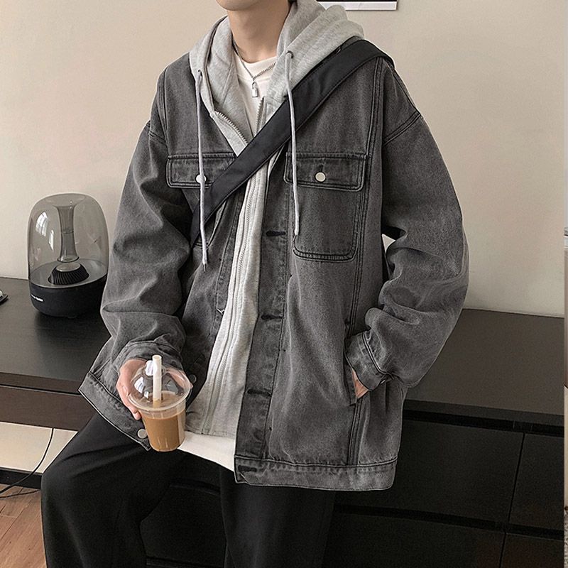 假兩件牛仔外套男春秋高街潮牌小眾設計感夾克美式復古連帽上衣服