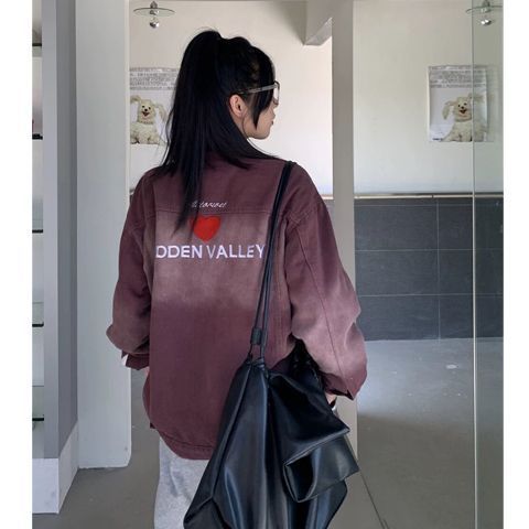 牛仔外套女秋季2023年新款寬鬆街頭復古美式情侶夾克刺繡愛心上衣