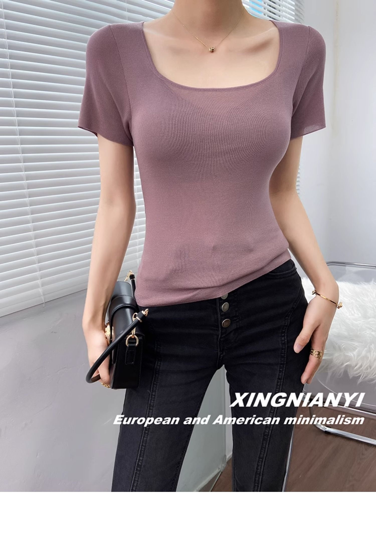 u Collar short sleeve T-shirt female summer fashion Foreign style French perspective sexy temperament tops Advanced sense Thin money Sweater