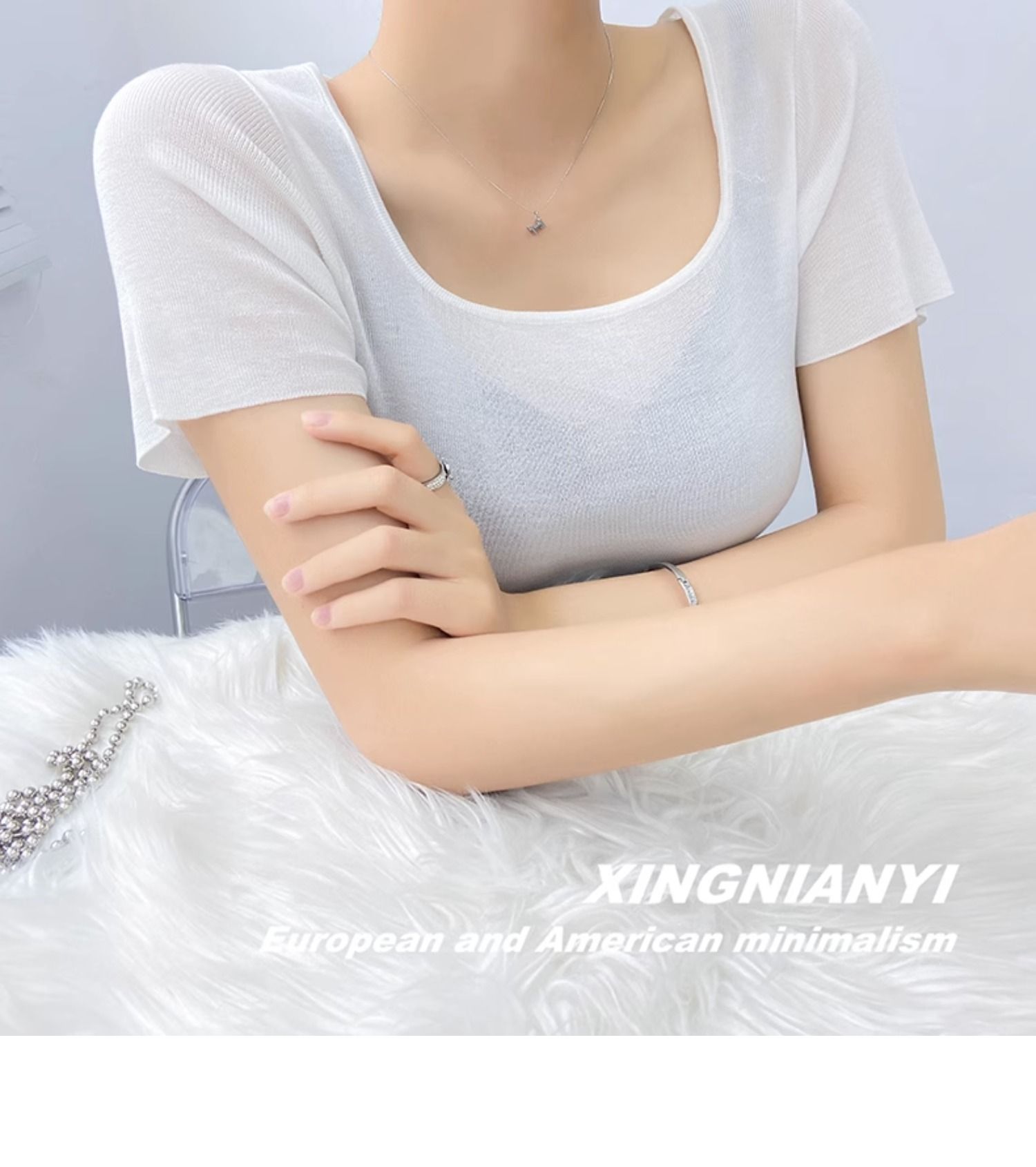 u Collar short sleeve T-shirt female summer fashion Foreign style French perspective sexy temperament tops Advanced sense Thin money Sweater