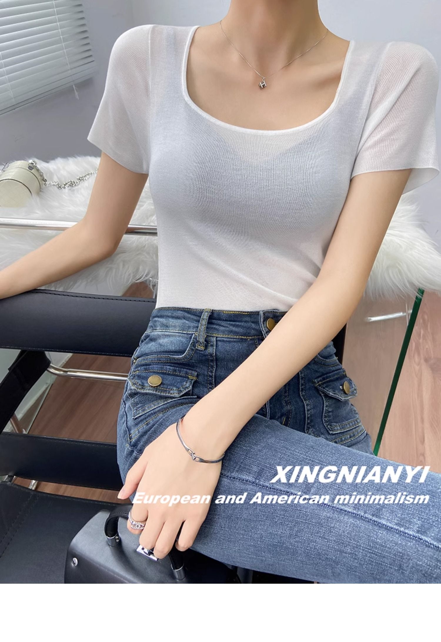 u Collar short sleeve T-shirt female summer fashion Foreign style French perspective sexy temperament tops Advanced sense Thin money Sweater