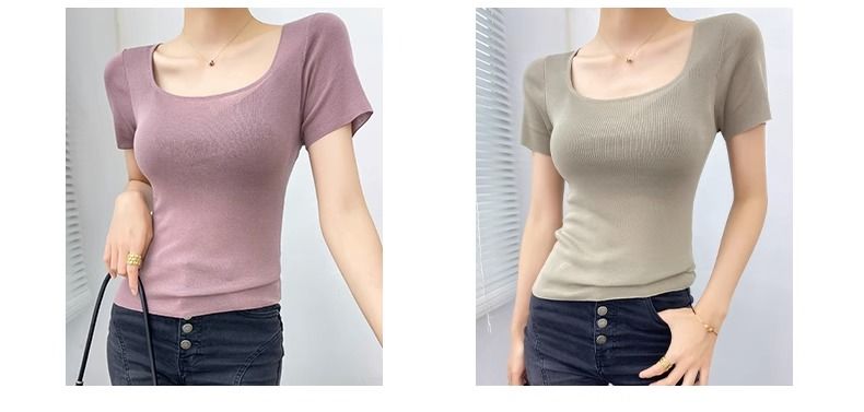 u Collar short sleeve T-shirt female summer fashion Foreign style French perspective sexy temperament tops Advanced sense Thin money Sweater