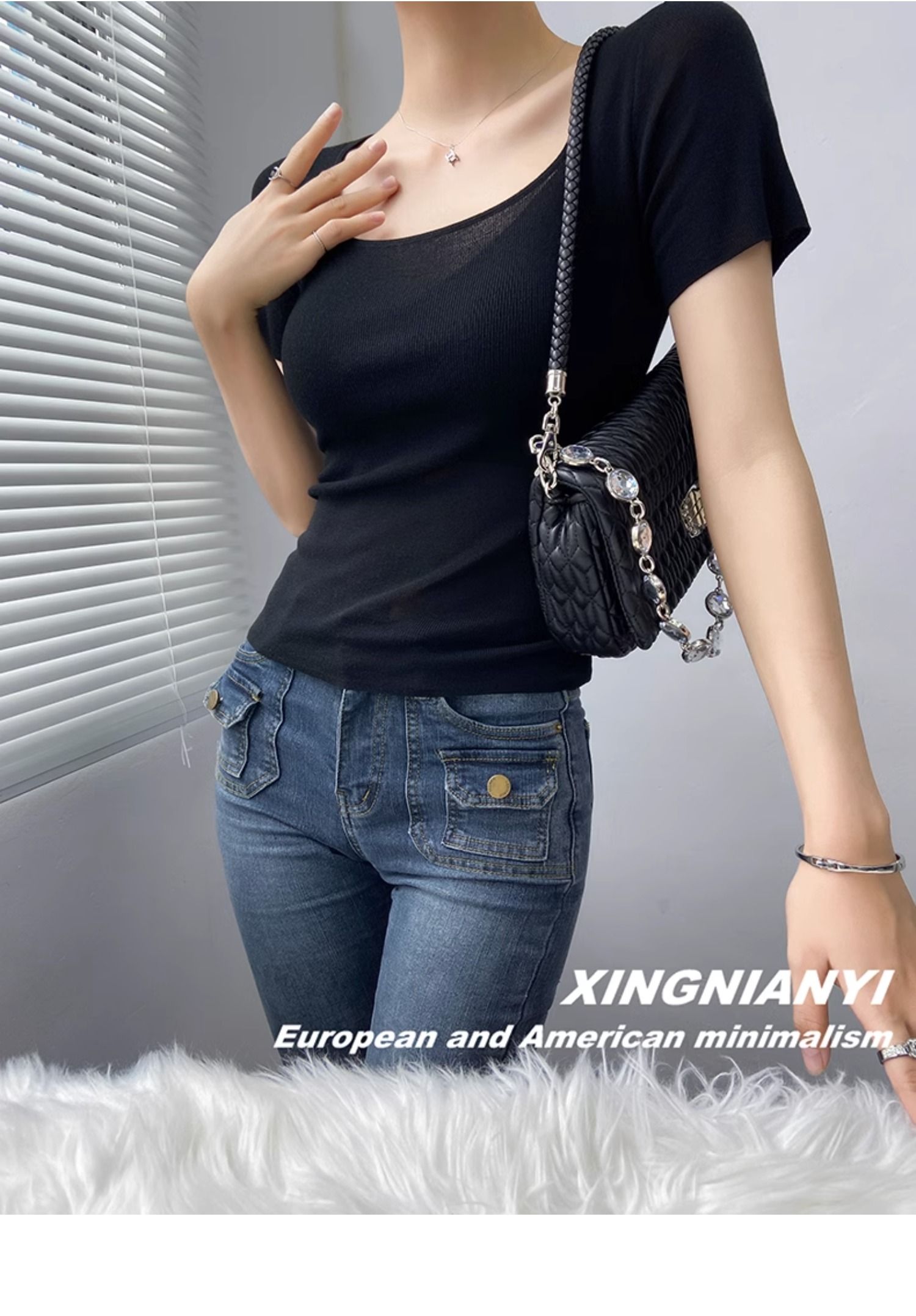 u Collar short sleeve T-shirt female summer fashion Foreign style French perspective sexy temperament tops Advanced sense Thin money Sweater