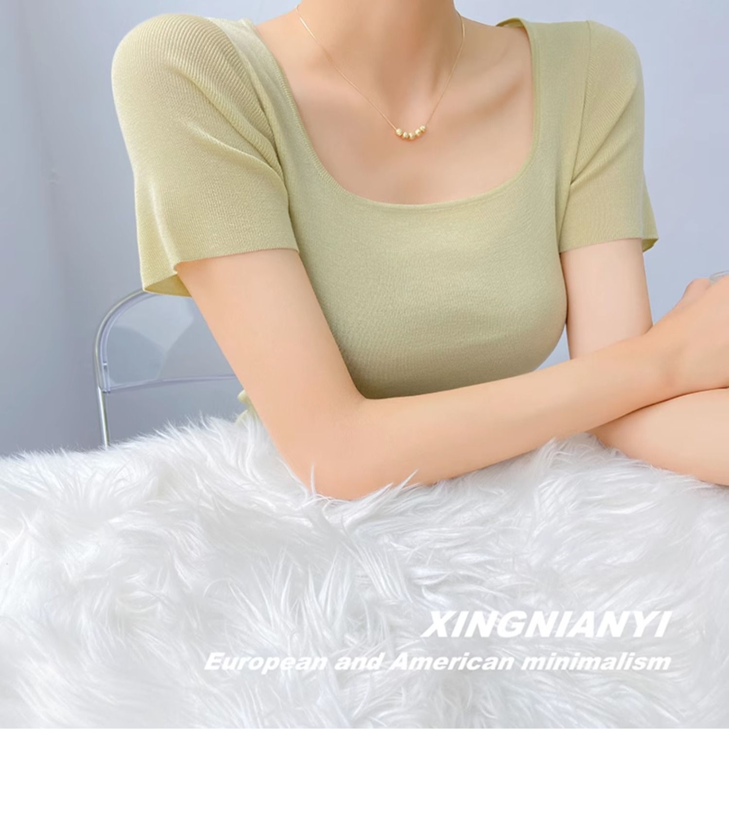 u Collar short sleeve T-shirt female summer fashion Foreign style French perspective sexy temperament tops Advanced sense Thin money Sweater
