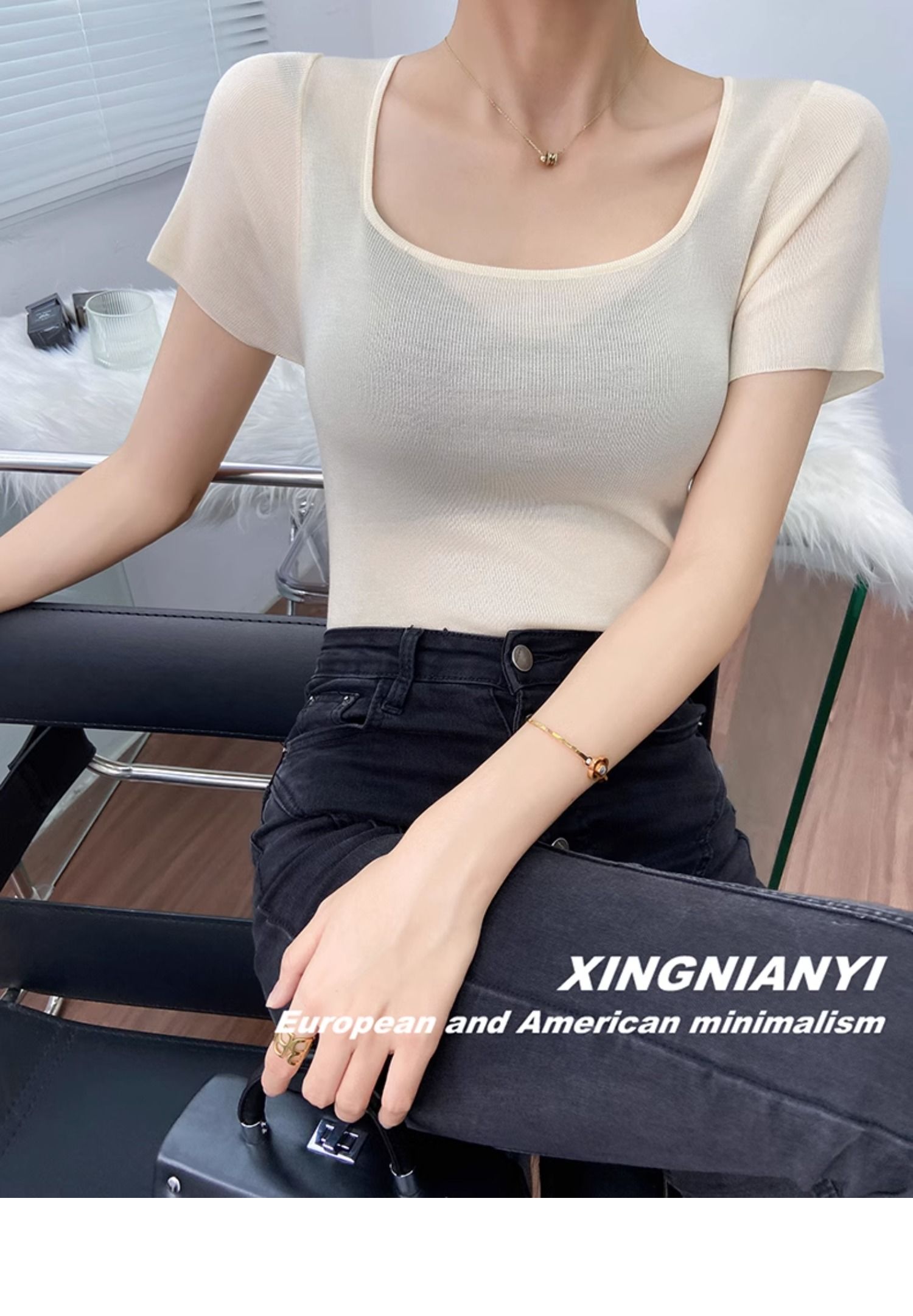 u Collar short sleeve T-shirt female summer fashion Foreign style French perspective sexy temperament tops Advanced sense Thin money Sweater