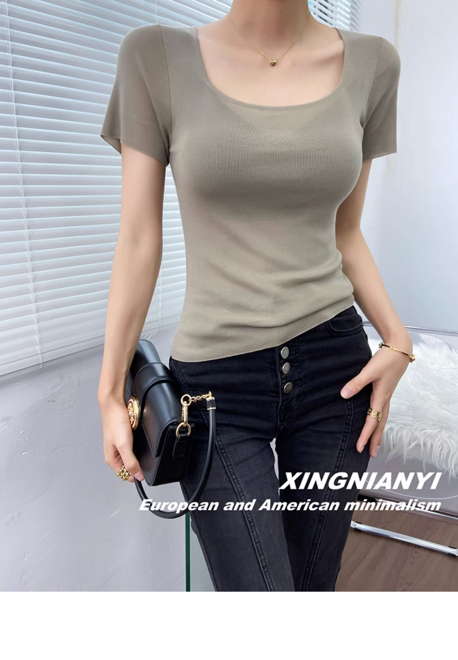 u Collar short sleeve T-shirt female summer fashion Foreign style French perspective sexy temperament tops Advanced sense Thin money Sweater