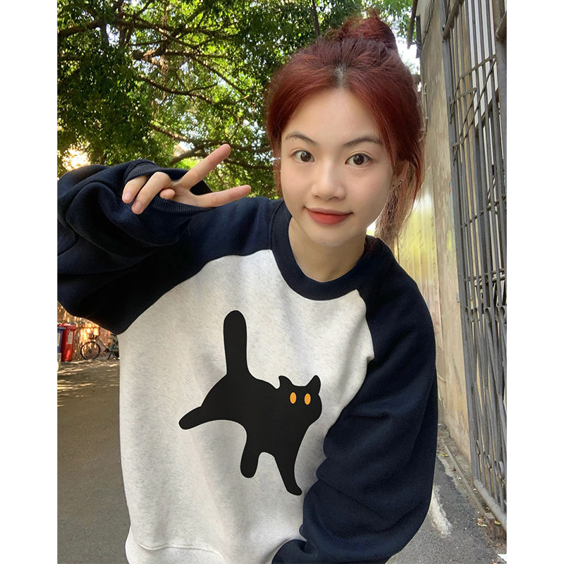 100%重磅純棉港風復古chic小個子插肩衛衣女2023春秋薄款情侶上衣
