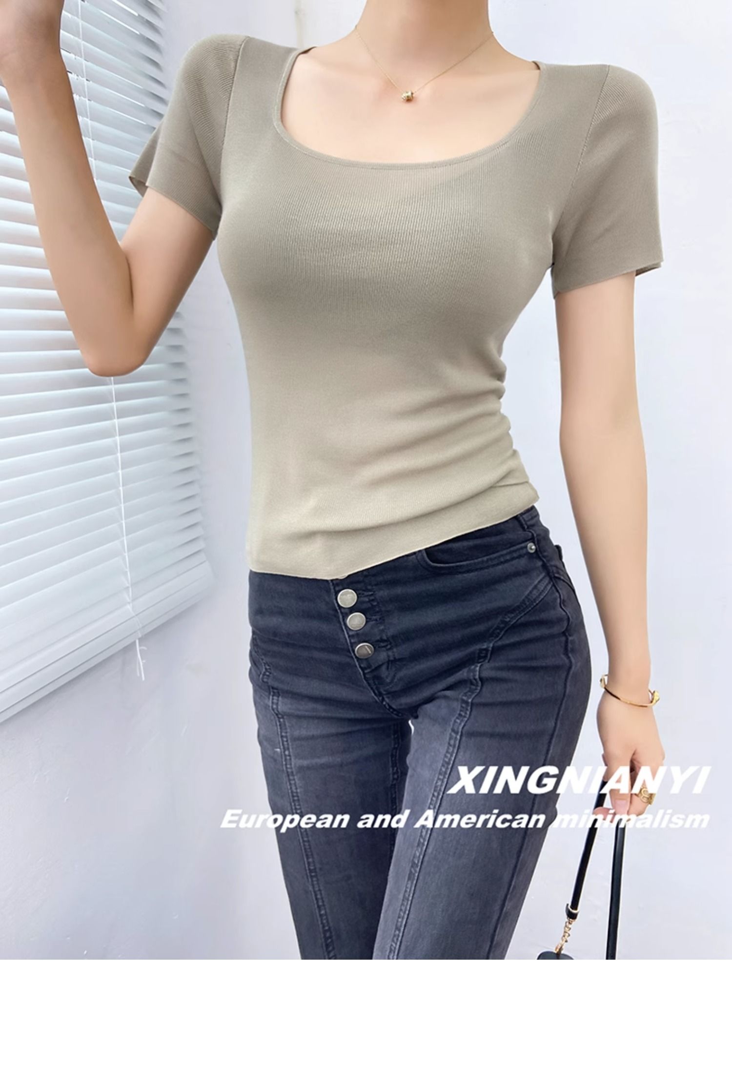 u Collar short sleeve T-shirt female summer fashion Foreign style French perspective sexy temperament tops Advanced sense Thin money Sweater