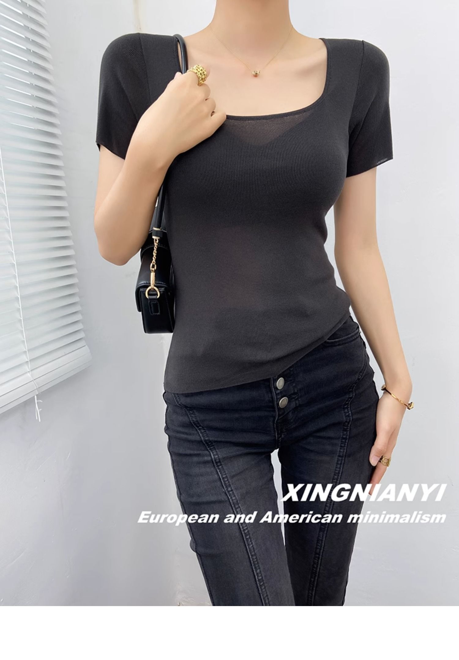 u Collar short sleeve T-shirt female summer fashion Foreign style French perspective sexy temperament tops Advanced sense Thin money Sweater