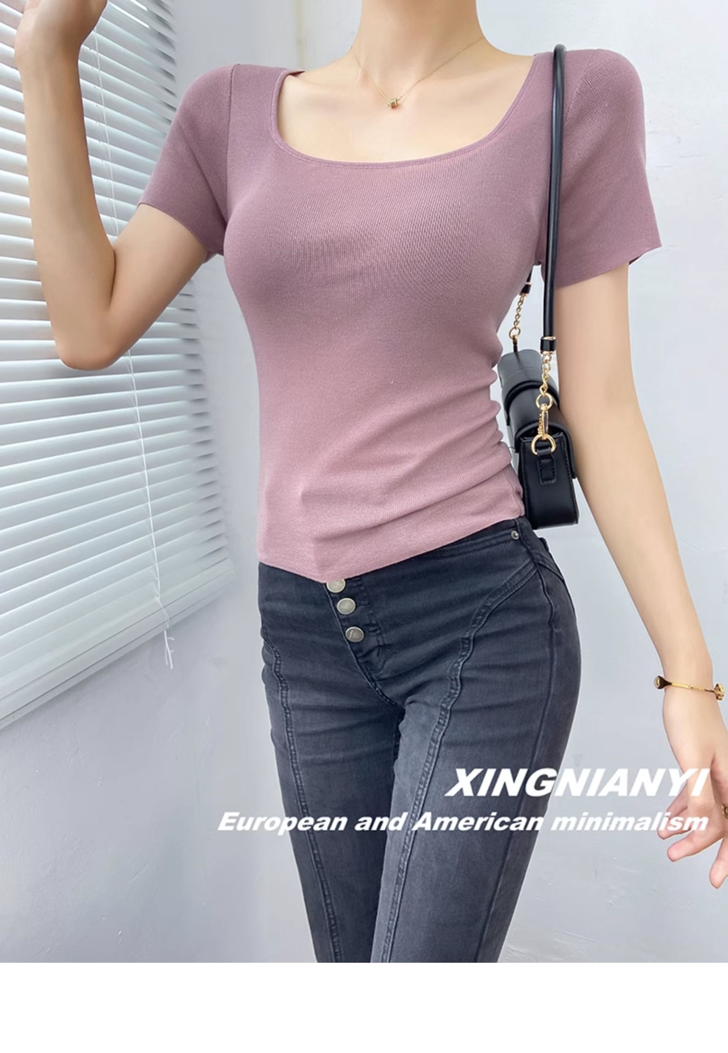 u Collar short sleeve T-shirt female summer fashion Foreign style French perspective sexy temperament tops Advanced sense Thin money Sweater