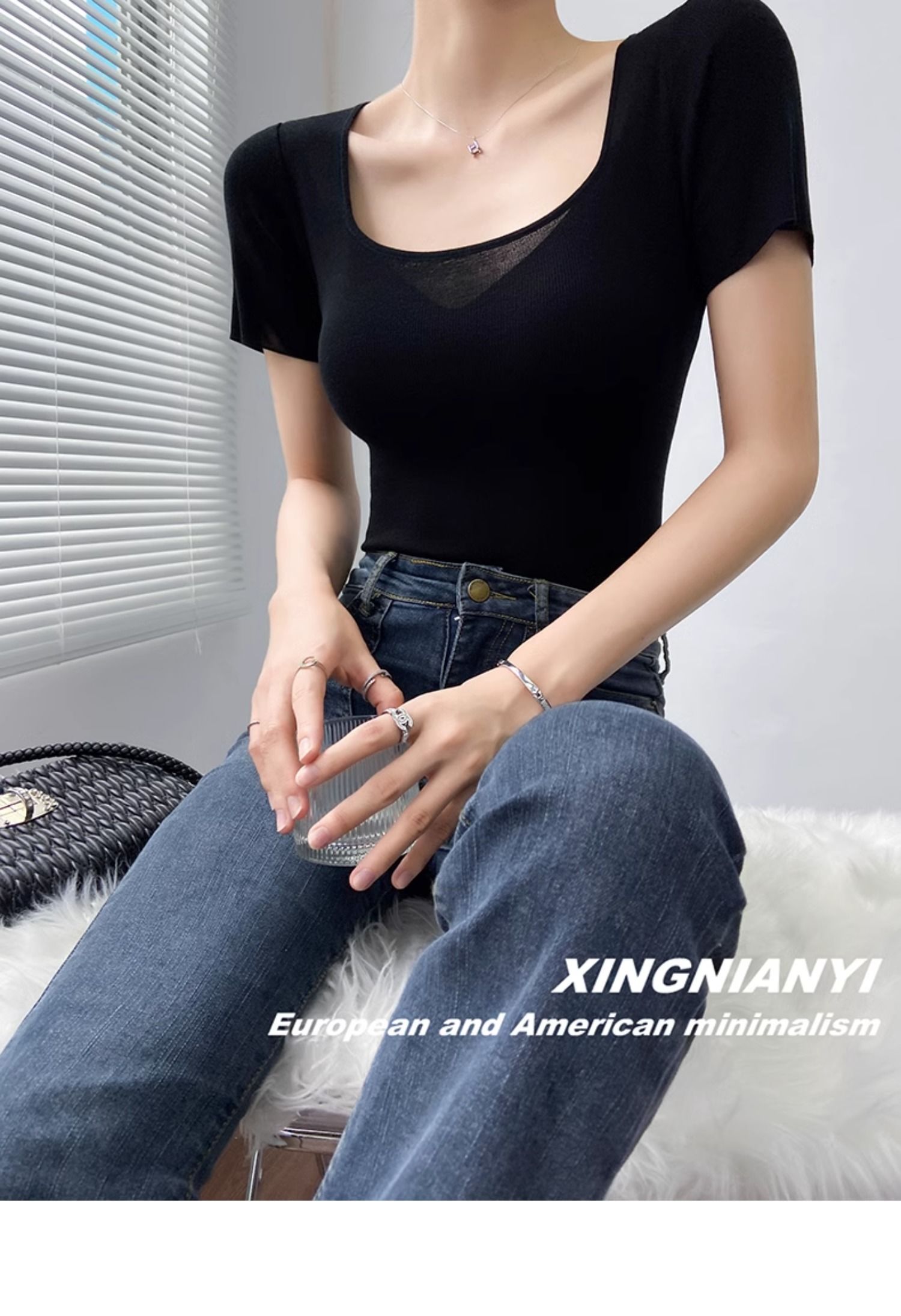 u Collar short sleeve T-shirt female summer fashion Foreign style French perspective sexy temperament tops Advanced sense Thin money Sweater