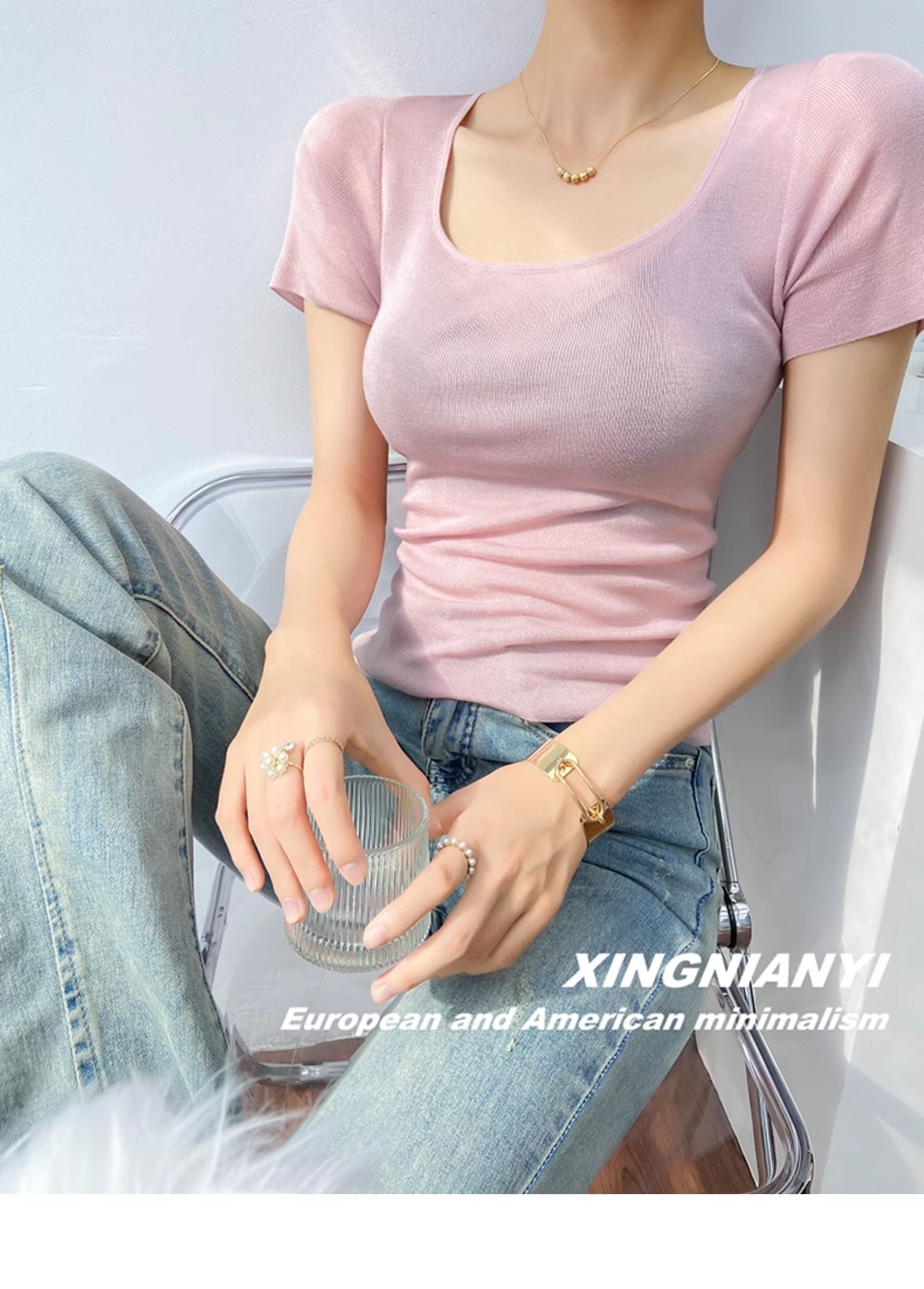 u Collar short sleeve T-shirt female summer fashion Foreign style French perspective sexy temperament tops Advanced sense Thin money Sweater