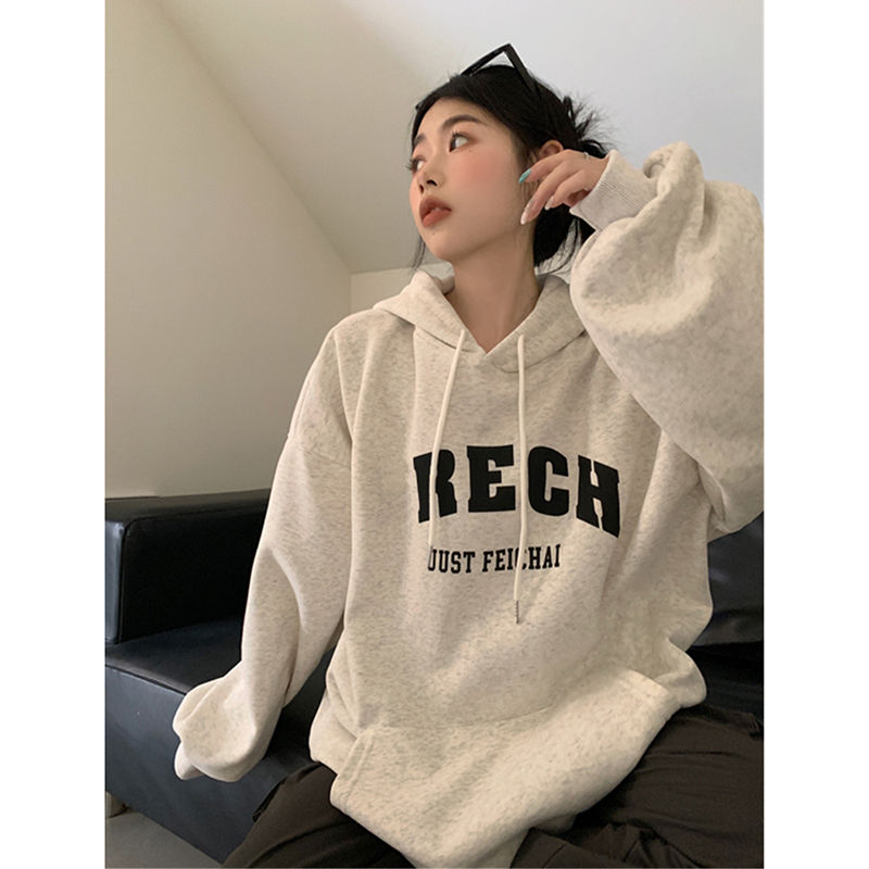 100%重磅純棉字母連帽衛衣女2023春秋薄款慵懶風chic套頭上衣外套