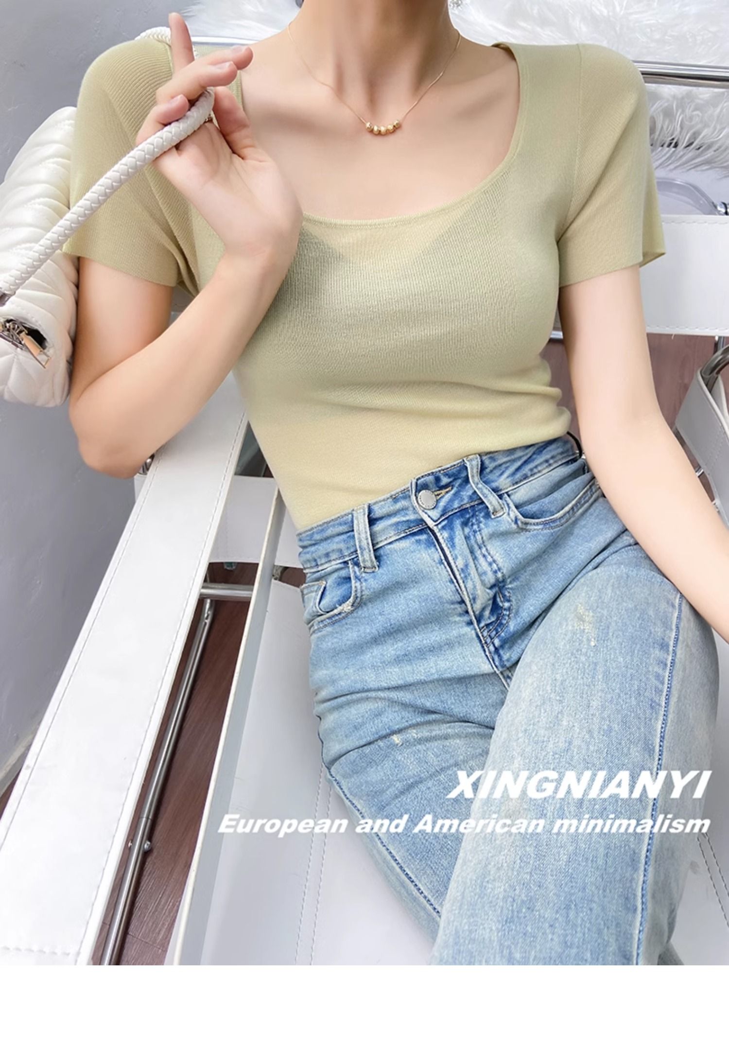 u Collar short sleeve T-shirt female summer fashion Foreign style French perspective sexy temperament tops Advanced sense Thin money Sweater