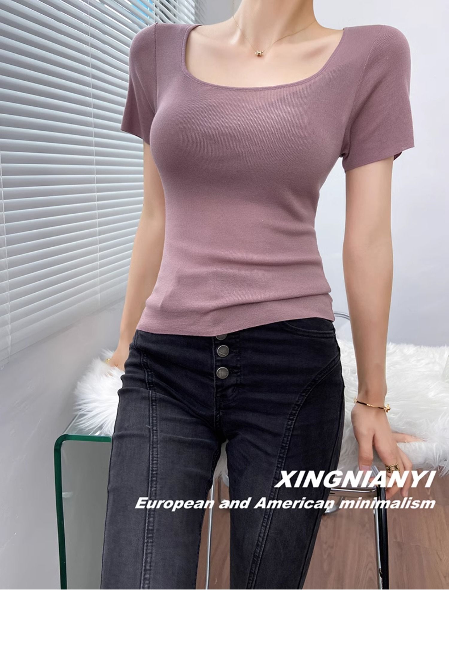 u Collar short sleeve T-shirt female summer fashion Foreign style French perspective sexy temperament tops Advanced sense Thin money Sweater
