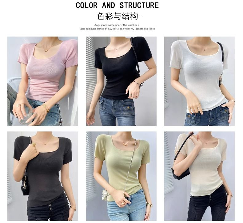 u Collar short sleeve T-shirt female summer fashion Foreign style French perspective sexy temperament tops Advanced sense Thin money Sweater