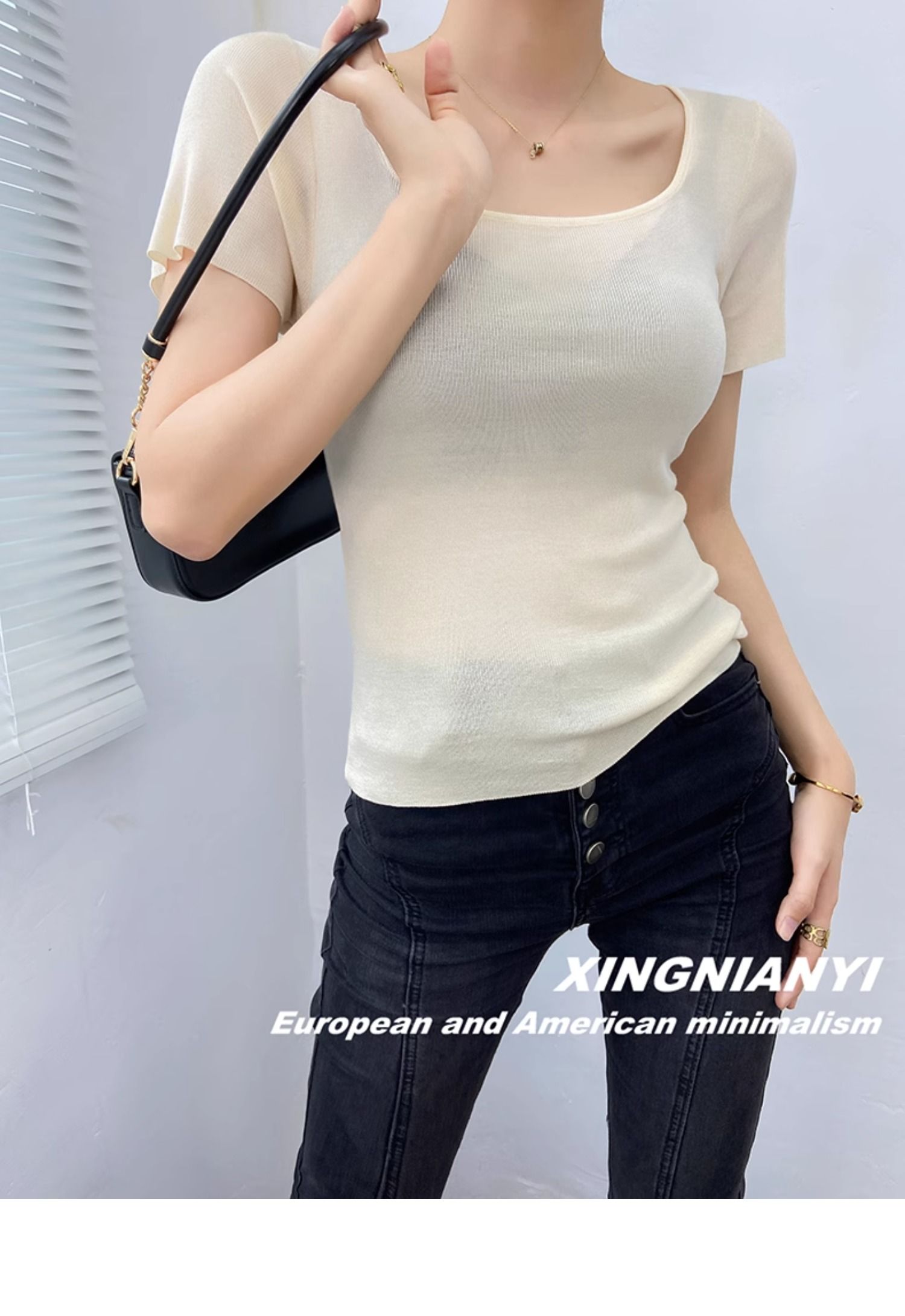 u Collar short sleeve T-shirt female summer fashion Foreign style French perspective sexy temperament tops Advanced sense Thin money Sweater