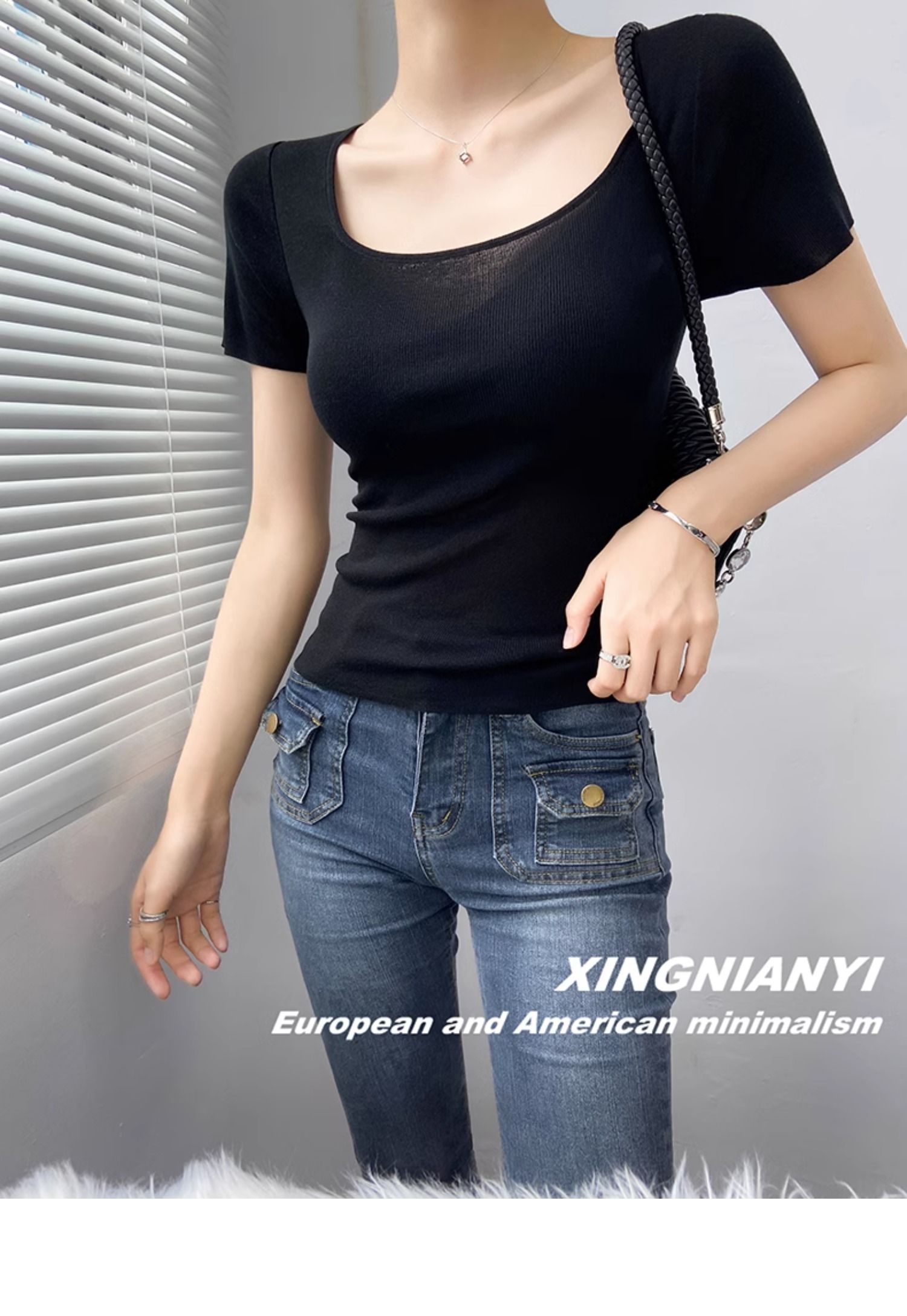 u Collar short sleeve T-shirt female summer fashion Foreign style French perspective sexy temperament tops Advanced sense Thin money Sweater