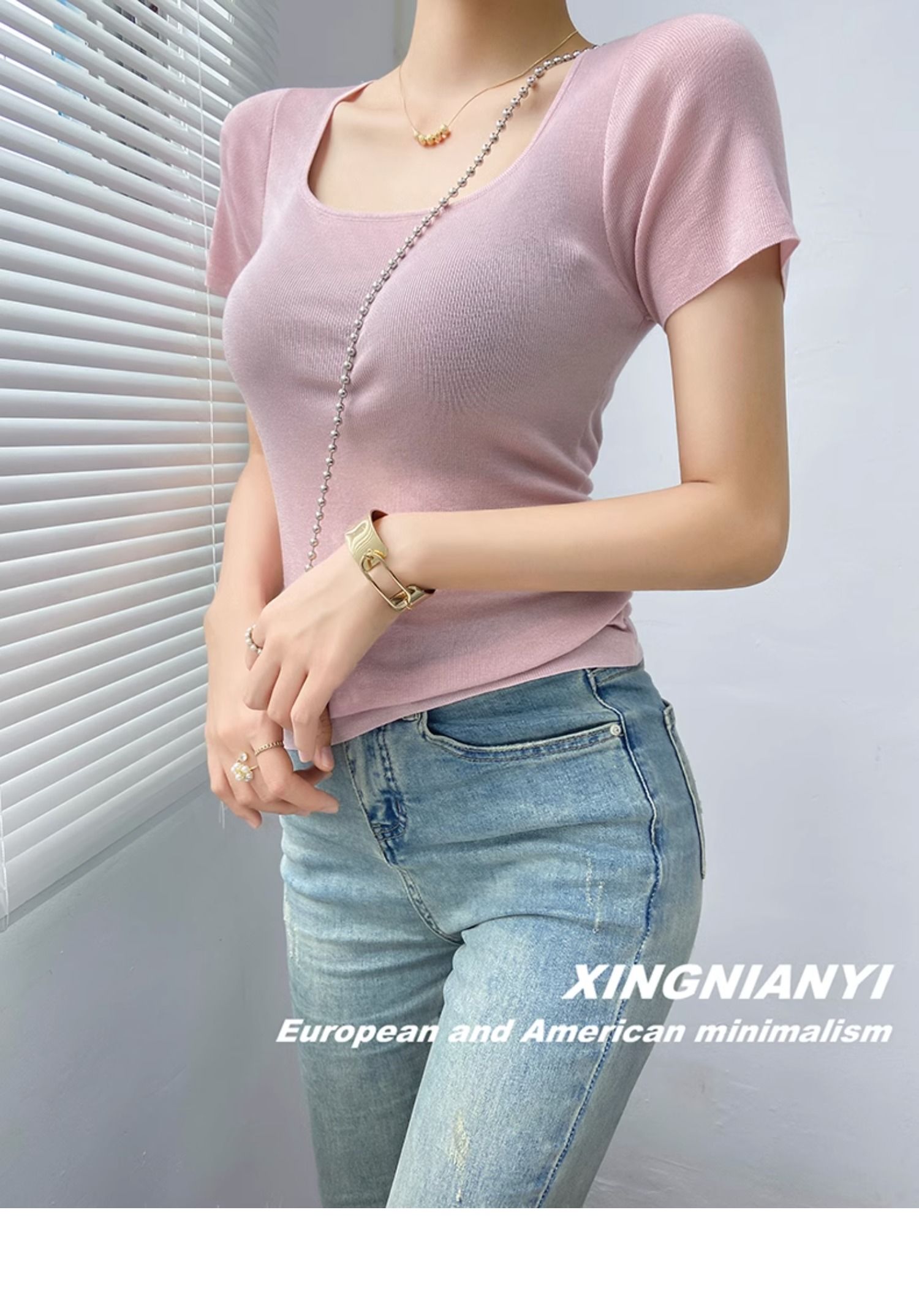 u Collar short sleeve T-shirt female summer fashion Foreign style French perspective sexy temperament tops Advanced sense Thin money Sweater