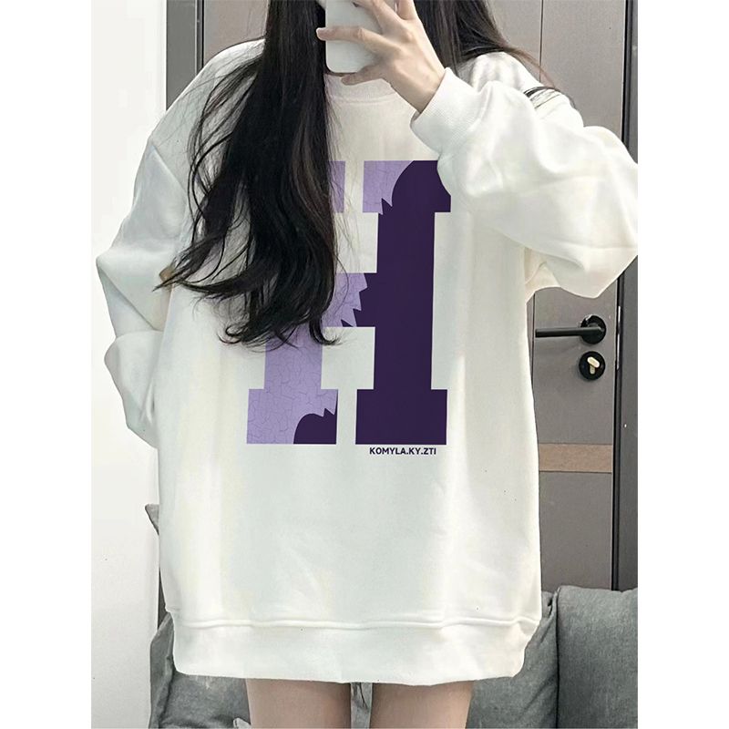100%重磅純棉oversize美式復古圓領衛衣女2023春秋薄款情侶上衣潮