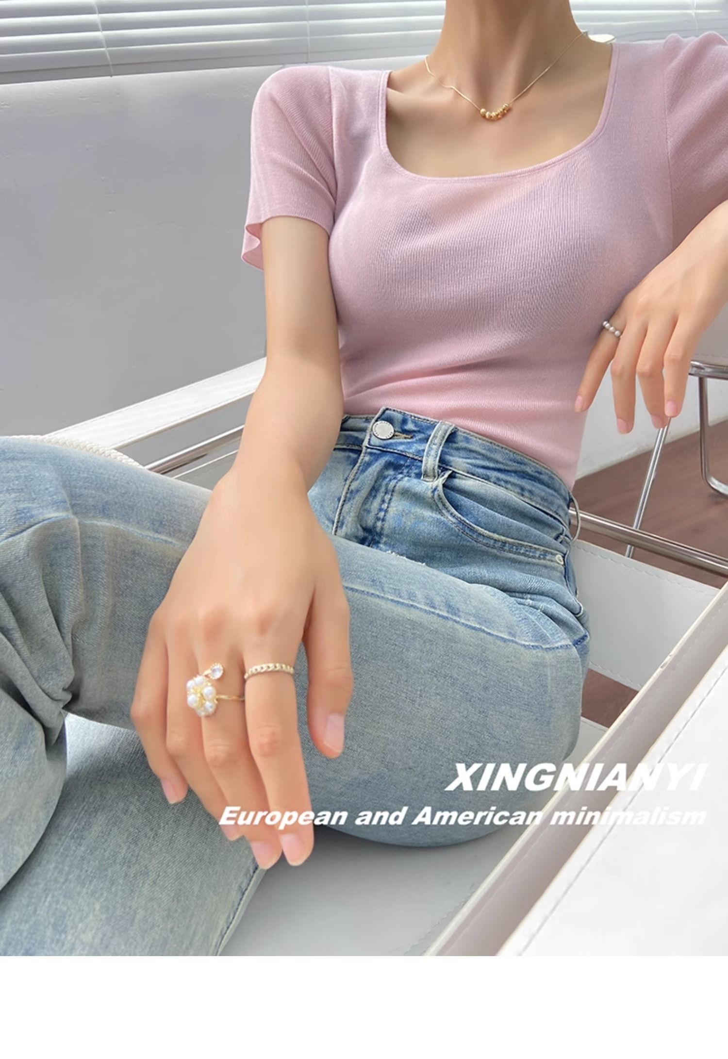 u Collar short sleeve T-shirt female summer fashion Foreign style French perspective sexy temperament tops Advanced sense Thin money Sweater