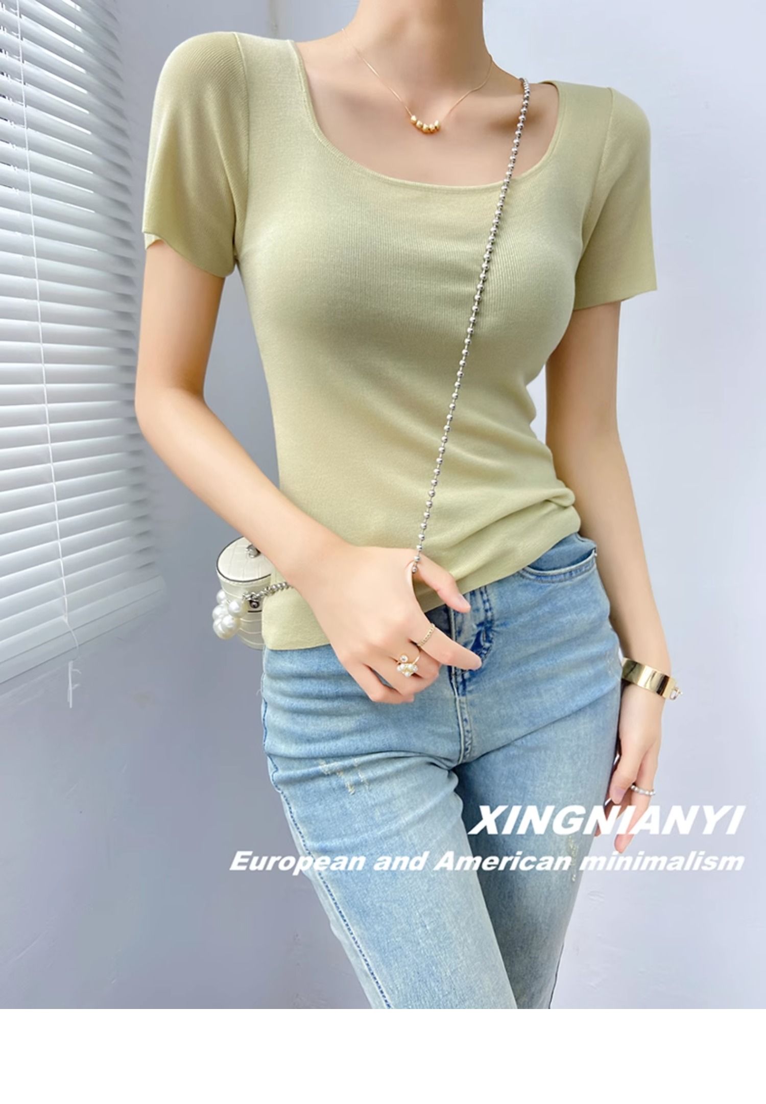 u Collar short sleeve T-shirt female summer fashion Foreign style French perspective sexy temperament tops Advanced sense Thin money Sweater